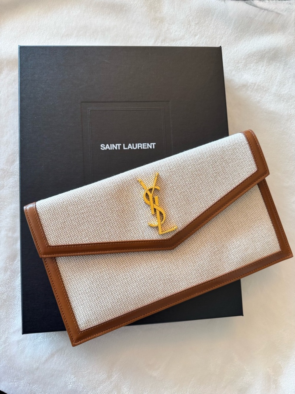 Saint Laurent YSL Beige Canvas with Tan Leather Trim Gold YSL Logo Flap Clutch